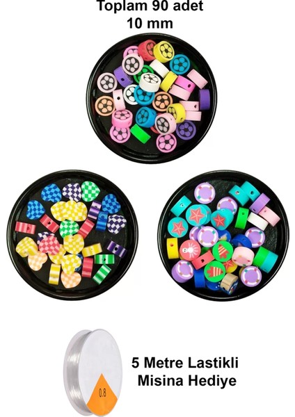 90 Adet 10 mm Polimer Kil Fimo Boncuk Takı Bileklik + 5 Metre Misina Hediye - Kalp - Deniz - Çiçek