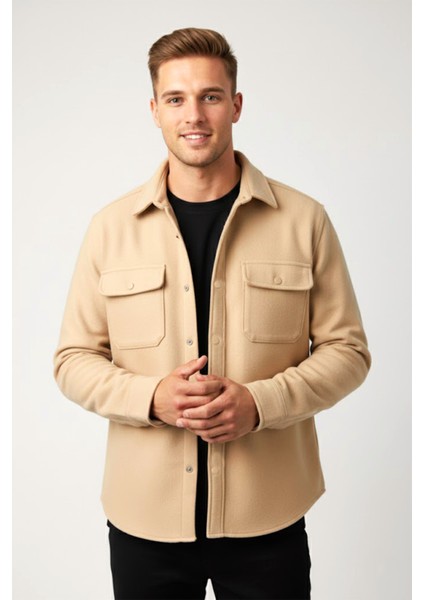 Erkek Bej Dar Kesim Cepleri Kapaklı Çıtçıtlı Ince Kaşe Ceket Mont 2500559