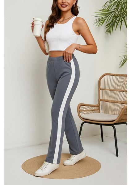 Kadın Yüksek Bel Yan Şerit Detaylı Yırtmaçlı Viskon Iki Iplik Pantolon