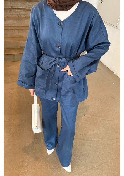 Kuşaklı Gabardin Takım Lacivert modelleri