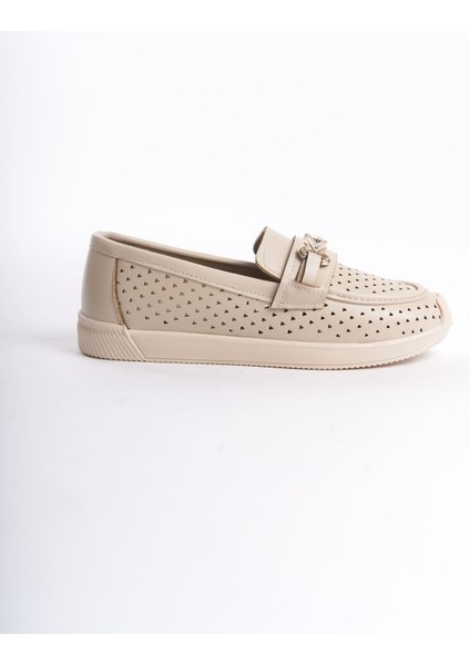 Lıly Bağcıksız Ortopedik Rahat Taban Kalp Desenli Kadın Babet Ayakkabı Ckt - Krem indirimleri