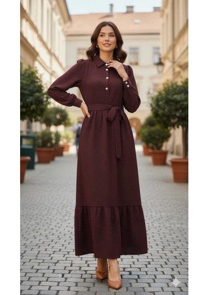 Kadın Taş Düğmeli Jakarlı Tesettür Elbise | Şık & Zarif Gömlek Yaka Tesettür Elbise