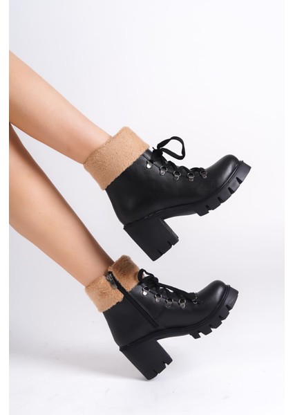 Emma Bağcıklı Fermuarlı Ortopedik Taban Topuklu Kürk Detaylıkadın Bot Cst - Siyah fiyatları