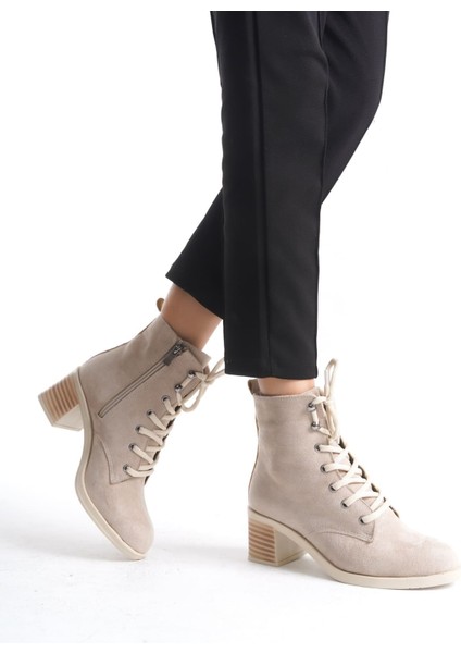 Lena Bağcıklı Fermuarlı Ortopedik Taban Topuklu Süet Kadın Bot Stt - Ten
