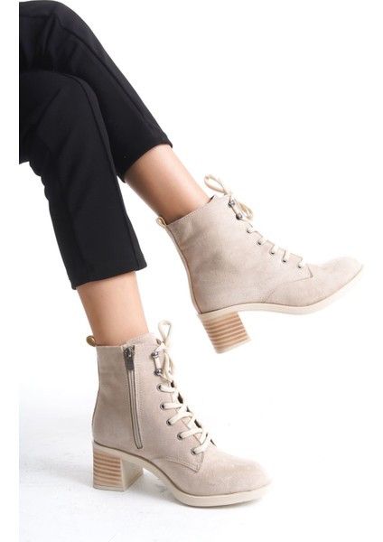 Lena Bağcıklı Fermuarlı Ortopedik Taban Topuklu Süet Kadın Bot Stt - Ten fiyatları