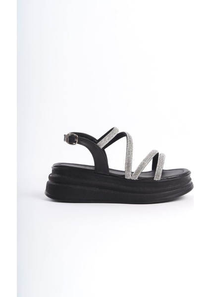 Rıley Ince Tokalı Taşlı Şeritli Ortopedik Taban Kadın Sandalet Cst - Siyah indirimleri