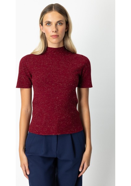 Kadın Dik Yaka Kısa Kollu Triko Kazak 69302 Bordo