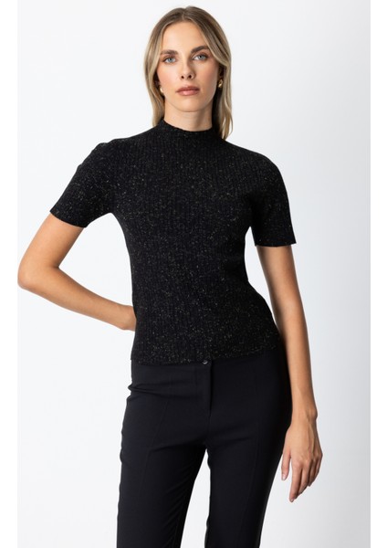 Kadın Dik Yaka Kısa Kollu Triko Kazak 69302 Siyah fiyatları