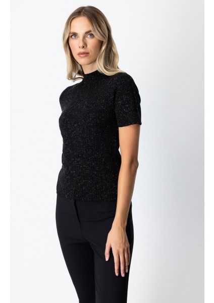 Kadın Dik Yaka Kısa Kollu Triko Kazak 69302 Siyah modelleri