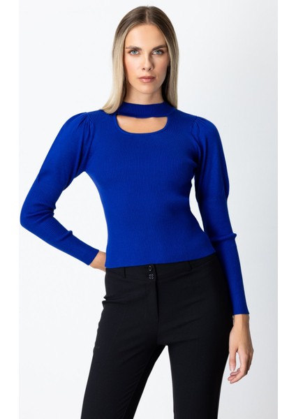 Kadın Balon Kol Pencere Detaylı Kazak 65303 Saks