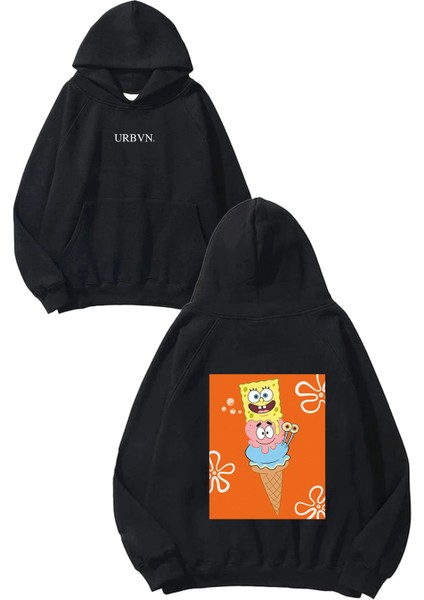 Sponge Cream Tasarım Baskılı Oversize Siyah Kapüşonlu Sweatshirt