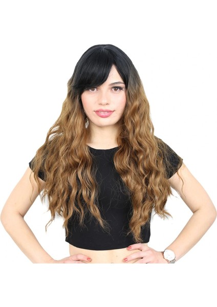 Perçemli Uzun Su Dalgası Fiber Sentetik Peruk- Siyah / Karamel Ombreli
