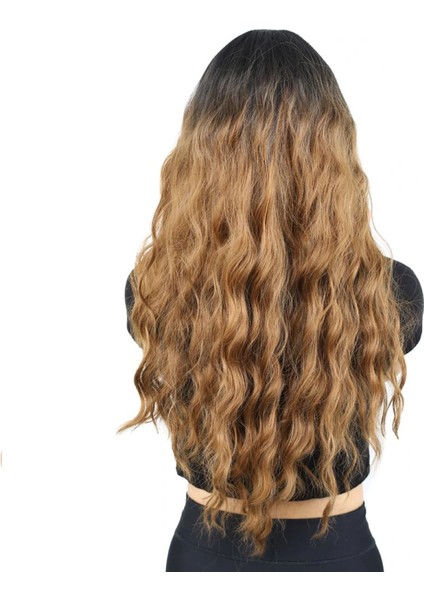Perçemli Uzun Su Dalgası Fiber Sentetik Peruk- Siyah / Karamel Ombreli fırsatları