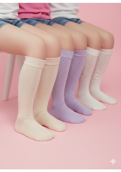 Kız Çocuk Diz Altı Çorap Kendinden Desenli Pamuklu Nefes Alabilir Terletmez 3'lü Paket