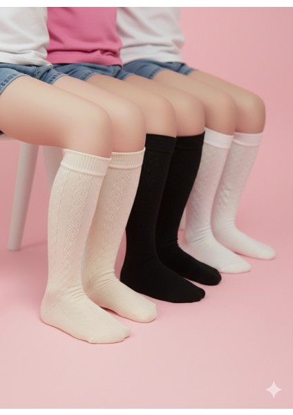 Kız Çocuk Diz Altı Çorap Kendinden Desenli Pamuklu Nefes Alabilir Terletmez 3'lü Paket