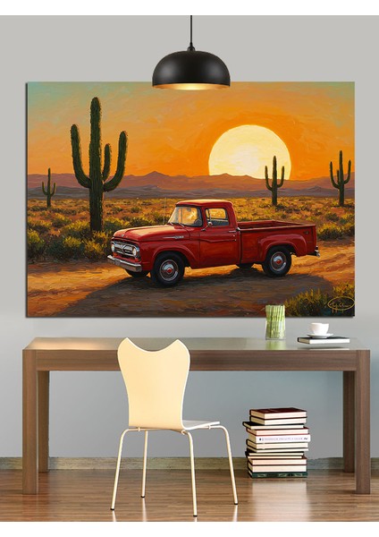 Çöl Manzarası Gün Batımı Kamyon Dekoratif Kanvas - Mdf Ahşap Tablo