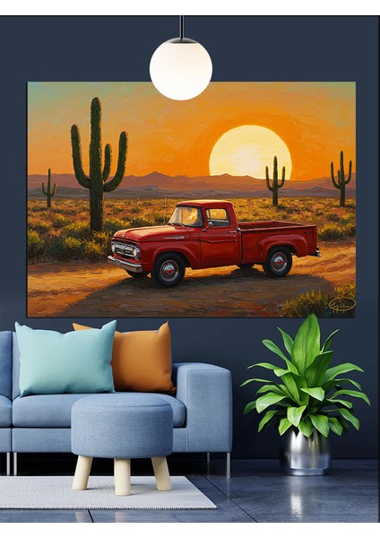 Çöl Manzarası Gün Batımı Kamyon Dekoratif Kanvas - Mdf Ahşap Tablo fiyatları