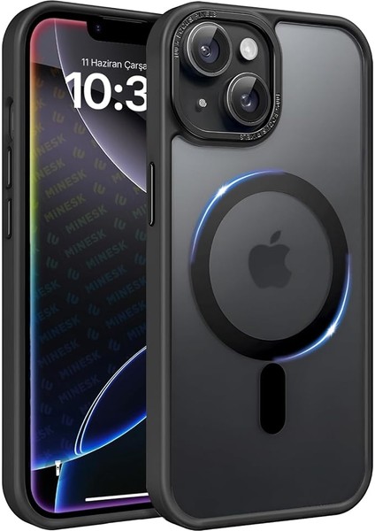 iPhone 13 ve 14 Için Mattmag Serisi Magsafe ile Uyumlu Kablosuz Şarj Destekli Arkası Mat Silikon Kılıf Yükseltilmiş Lens Çerçeveli ve Metal Tuş Takımlı Ultra Güçlü Koruma Kılıf (Siyah, 13-14)