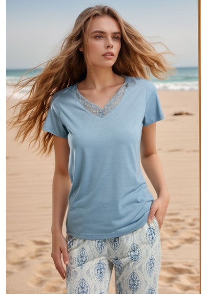 Kadın Ev Giyim Kısa Kollu V Yaka Üst & Alt Ikili Pijama Takımı LL.AR01.NE00.TT07