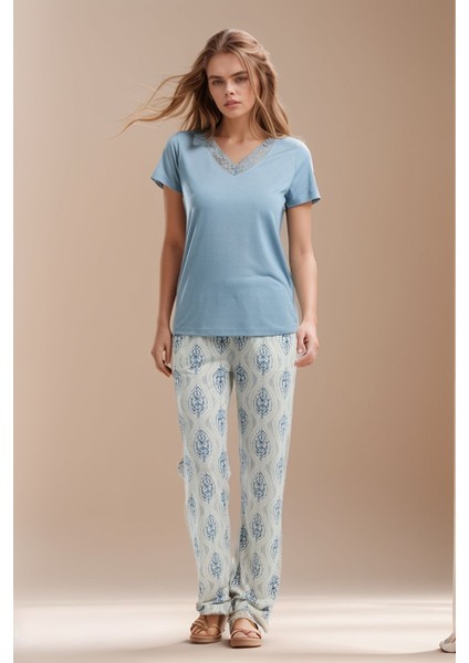 Kadın Ev Giyim Kısa Kollu V Yaka Üst & Alt Ikili Pijama Takımı LL.AR01.NE00.TT07 fiyatları