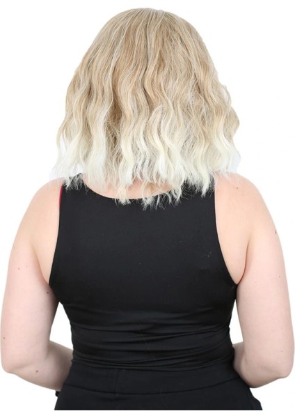 Fiber Sentetik Kısa Dalgalı Perçemsiz Peruk - Karamel / Platin Röfleli fırsatları