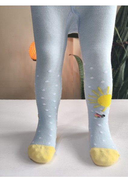 Kız Bebek Çocuk Külotlu Çorap Pamuklu Terletmez Canlı Renkler Güneşli Mavi Tekli