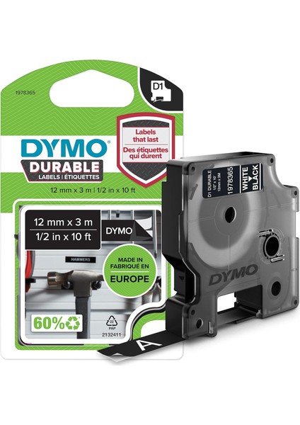 Kalıcı D1 Şerit (12 mm x 3 Mt), Siyah/beyaz - 1978365