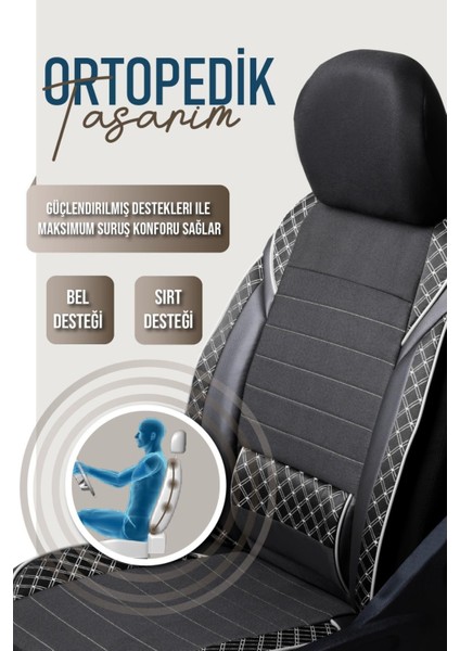 Renault Laguna Uyumlu Yarı Deri Oto Koltuk Kılıfı Ön/arka Set Neta Seri Siyah-Beyaz
