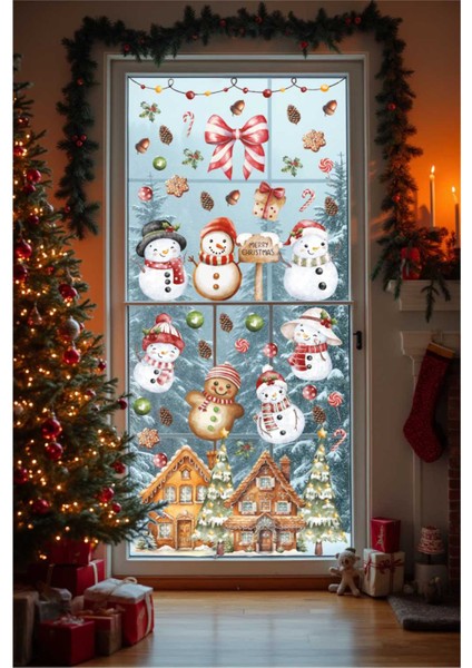 Sevimli Kurabiyeler ve Kardan Adamlar Sticker Seti, Yılbaşı Sticker Seti, Yılbaşı Pencere ve Duvar Sticker Seti