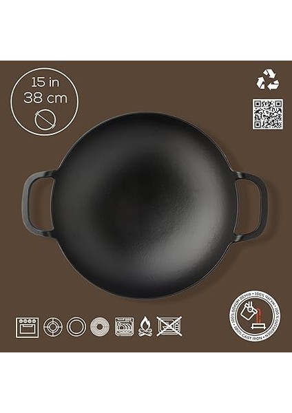 Döküm Wok Tava, Metal Kulplu, 38CM, Siyah indirimleri