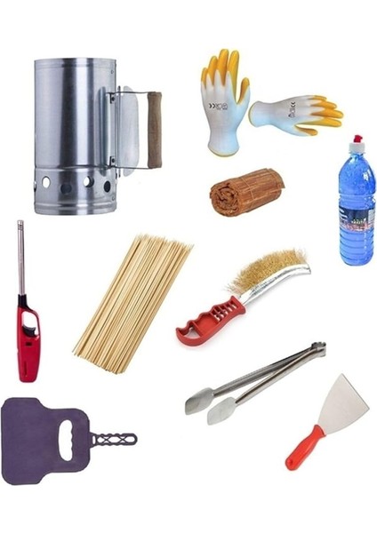Mangal Barbekü Yakma Temizleme Seti 10 Parça Kormatik Çakmak Maşa Spatula Eldiven Tel Fırça Şiş Jel