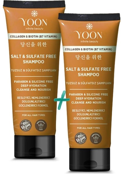 Yoon 2&apos;si 1 Arada Sülfatsız ve Tuzsuz Şampuan, Kolajen Biotin B7 Içerikli Parabensiz, Güçlendiren Besleyici ve Nemlendirici Vegan Şampuan 250ML + 250ML