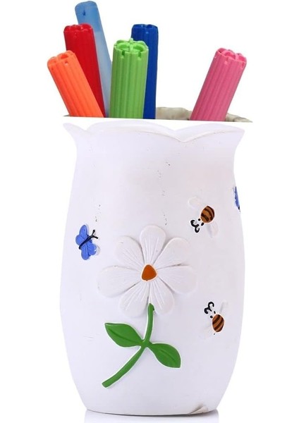 Homi Çiçekli Poliresin Model Ofis Gereci 7X7X10CM, Beyaz