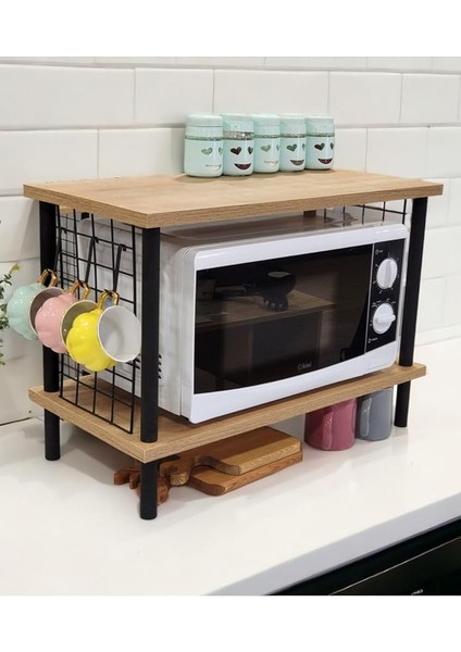Yüksek Kalite Mutfak Rafı Mikrodalga Rafı Tezgah Üstü Raf Baharatlık 2 Raflı Düzenleyici Kancalı Safir Meşe