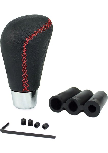 Dikişli Deri Vites Topuzu Oval Siyah Kırmızı