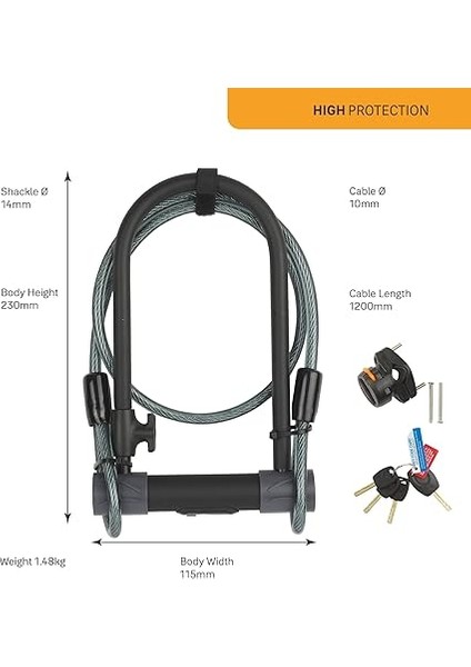 YUL2C/13/230/1 Yüksek Güvenlikli Kablolu U Bisiklet Kilidi, Siyah/gri indirimleri