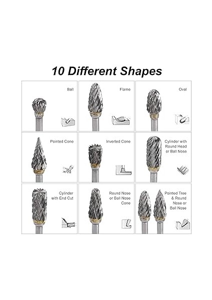 Tungsten Karbür Çelik Çift Kesimli Döner Çapak Seti, 10 Adet 1/8 Inç Şaftlı Öğütücü Matkap, Kendin Yap Ahşap Işleme, Oyma, Metal Parlatma, Gravür, Delme Için Döner Aletlere Uygundur indirimleri