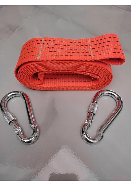 Halatı 3 Ton 5 M (Çekme Halatı) Kumaş 10 mm Vidalı Metal Çengelli Karabinalı, Turuncu Kumaş Çeki Halatı, 5 cm Genişlik 2mm, Yüksek Dayanıklı, Çelik Uçlu Araba Çekme, Oto Çeki