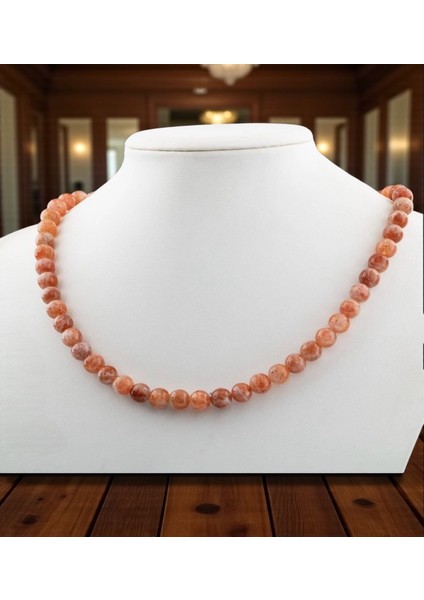 Güneş Taşı 8 mm Doğal Taş Dizi Kolye - Paslanmaz Çelik Aparatlı