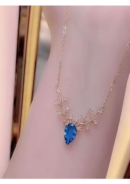 Geyik Boynuzu Detaylı Mavi Taşlı Kolye modelleri