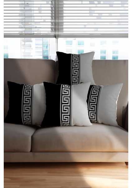 Yastık Kılıfı Seti, 4'lü, Siyah-Gri Labirent Desenli, Premium Kadife