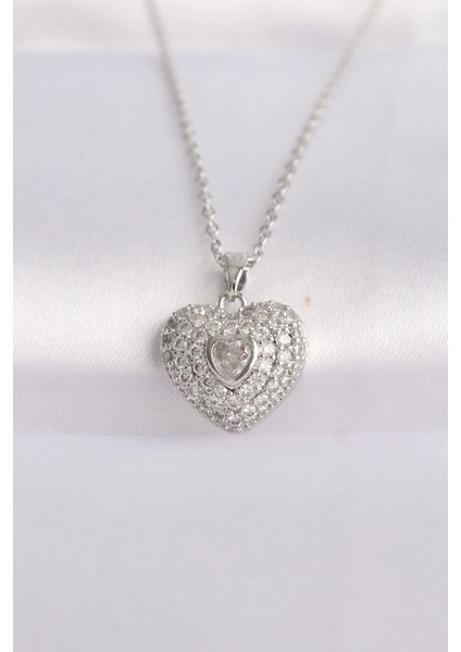 Bfs 316L Çelik Zincir Gümüş Renk Zirkon Taşlı Kalp Kolye