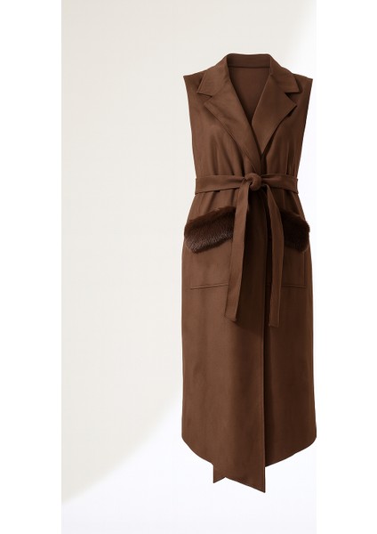 Kadın Kürk Detay Çift Cep Uzun Yelek