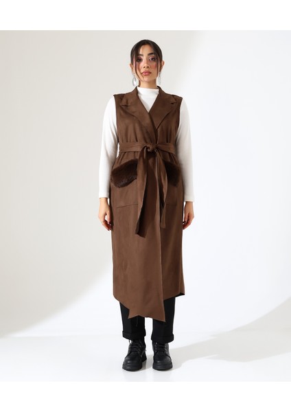 Kadın Kürk Detay Çift Cep Uzun Yelek fiyatları