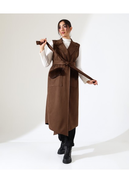 Kadın Kürk Detay Çift Cep Uzun Yelek modelleri