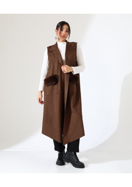 Kadın Kürk Detay Çift Cep Uzun Yelek fırsatları
