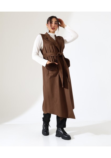 Kadın Kürk Detay Çift Cep Uzun Yelek