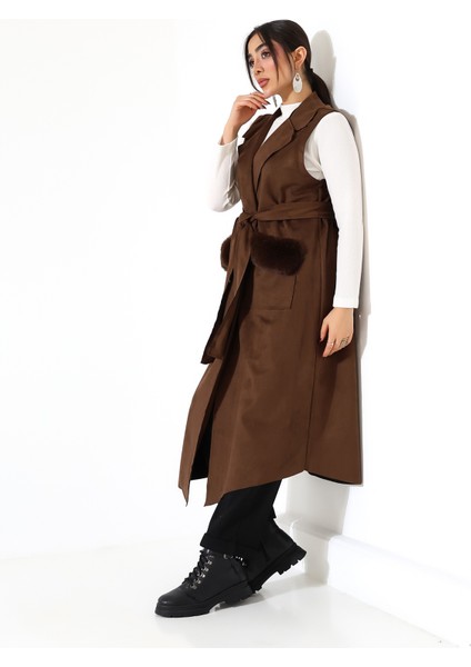 Kadın Kürk Detay Çift Cep Uzun Yelek