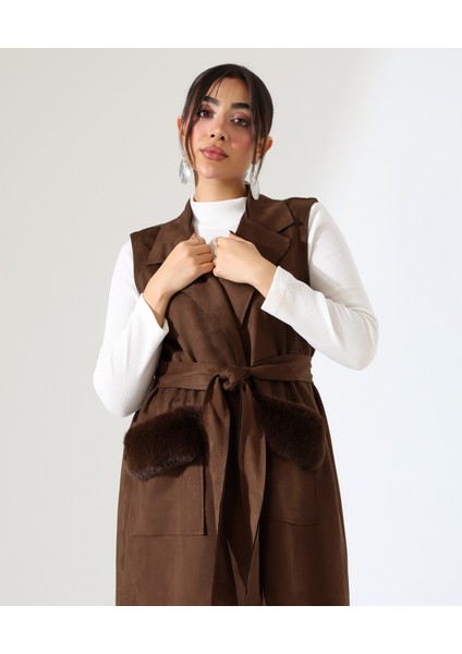 Kadın Kürk Detay Çift Cep Uzun Yelek