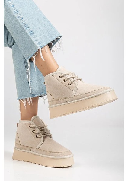 (Sema) Içi Yünlü Kalın Eva Hafif Tabanlı Bağcıklı Bot Bej